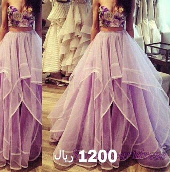 2016 Pageant Dresses Sexy Two Pieces Prom Dresses Embroidery Design with Ruffled Tulle Skirt Evening Dresses