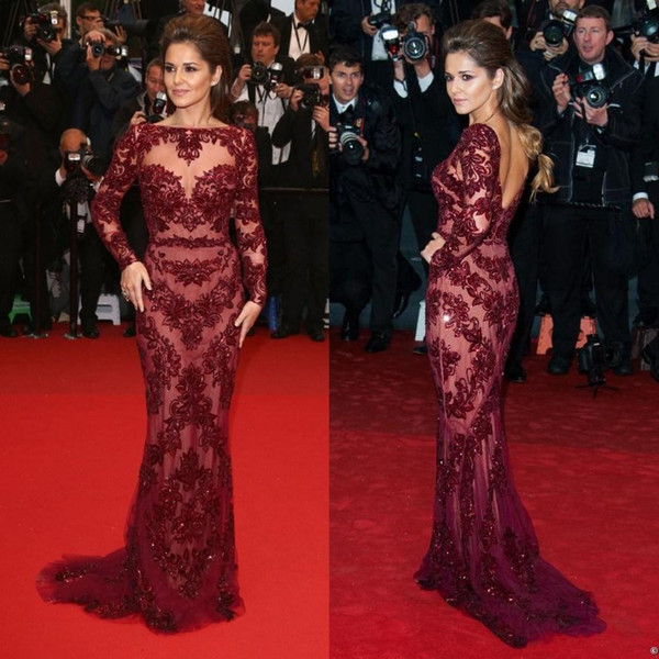 Zuhair Murad Sexy Burgundy Cannes Red Carpet Dresses Bateau Beading See Through Long Sleeve Evening Dresses Formal Pageant Dress