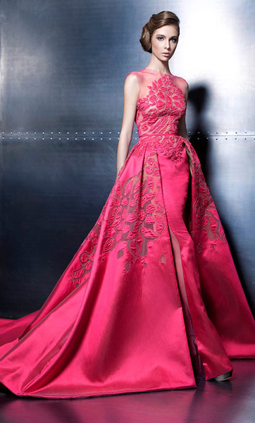 Vestidos Formales Ziad Nakad 2016 Sheer Neck Applique Beads A Line Long Tulle Prom Dresses Ball Gowns Evening Dresses Formal