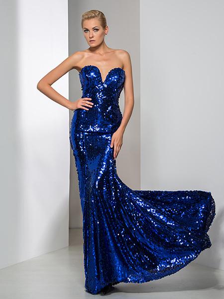 2016 new sapphire blue strapless Mermaid Pageant Dresses luxurious shine sequined lace trailing catwalk formal Prom Evening Dress plus size