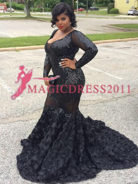 Black Girls Lace Mermaid Pageant Prom Dresses African Vestidos Celebrity Dress Ruffled Black Girl Illusion Formal Evening Gowns