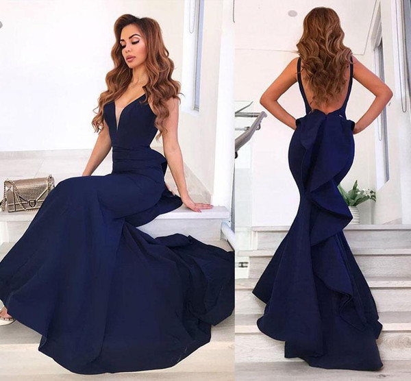 Mermaid Prom Evening Dress Sweetheart Sheer Neckline Backless Floor Length Navy Blue Sleeveless Arabic Sexy Formal Pageant Evening Gowns