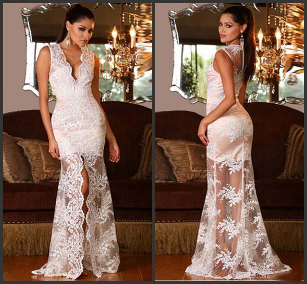 2016 Sexy Lace Prom Dresses Model Pictures V Neck Sheer Long Sleeve Lace Appliques Beads Backless Formal Dress See Through Party Gowns
