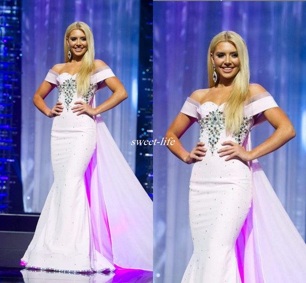Miss Nevada Teen USA Pageant 2016 Evening Gowns Pink Off Shoulder with Train Mermaid Luxury Crystals Cheap Arabic Long Occasion Prom Dresses