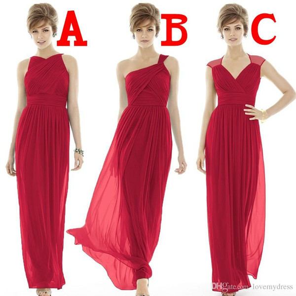 Formal Dresses Cheap Bridesmaids Red Chiffon Gowns Floor Length Included A Jewel Neck B One shoulder Neck C V Neck Beautiful Pageant