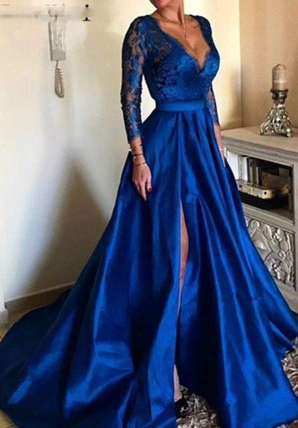 Vintage Royal Blue High Slit Pageant Prom Dresses Deep V Neck with Long Illusion Lace Sleeves Satin Cheap Evening Formal Gown Dress