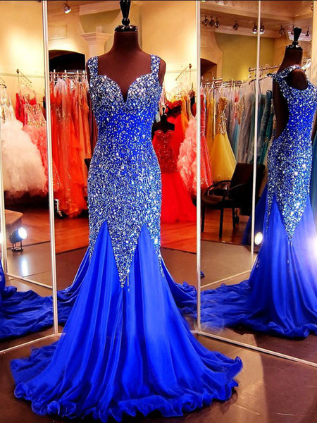 Pageant Dresses Sexy Blue Sapphire chiffon, handmade sequins, sparkling, leaky back, hollow shoulders, deep V collar, tail mail.