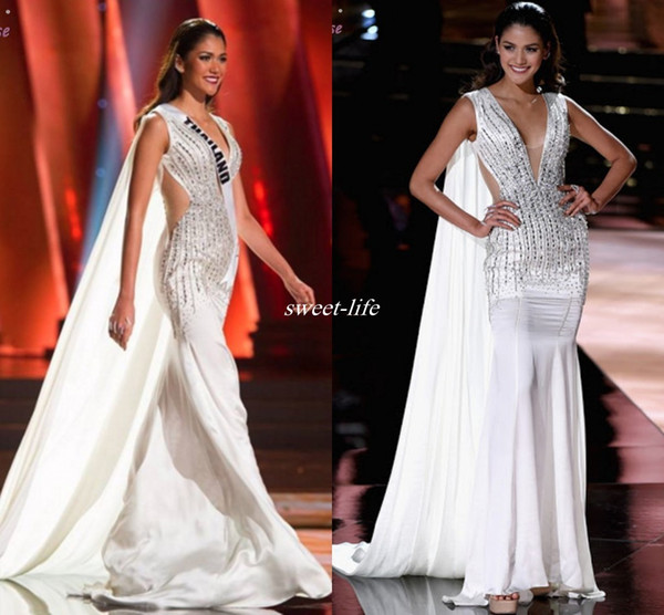 White Miss Universe Pageant Evening Dresses Watteau Sheer Waist V-Neck Beading Crystals Chiffon Sleeveless 2016 Mermaid Celebrity Prom Gowns