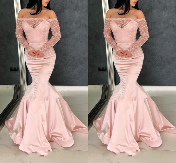 Hot Sale Blush off the shoulder Pageant Prom Dresses With Long Sleeves Illusion Pearls Beaded Cheap Evening Formal Gown Dress