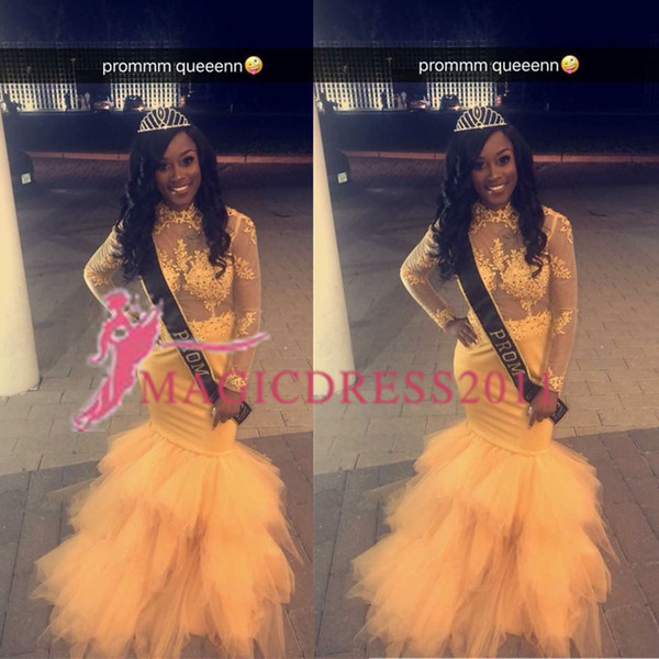 Black Girls Mermaid Pageant Prom Dresses African Vestidos Tierd Skirts Celebrity Dress Ruffled Illusion Formal Evening Gowns