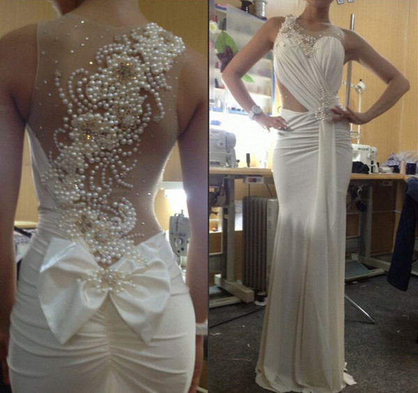Custom Made 2015 Chiffon Ruched White Pageant Dress with Pearls Sheer Evening Gown Sexy Evening Dress Vestidos De Gala Longo