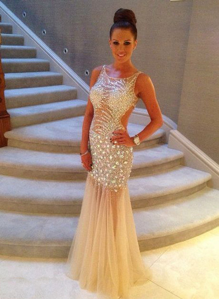 Stunning Champagne Mermaid Pageant Prom Dresses See Through Designer Crystal Beaded Sequinsl Long Cheap Evening Formal Gown Dress