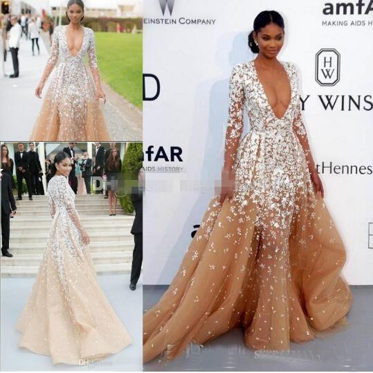 Zuhair Murad Champagne Tulle Pageant Dresses with Long Seeves Illusion V neck Lace Applique 2017 Winter Formal Evening Prom Gowns