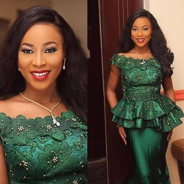 Dark Green Mermaid Peplum Prom Dresses Bateau Beaded evening dresses Appliqued Customized Floor Length pageant homecoming dresses
