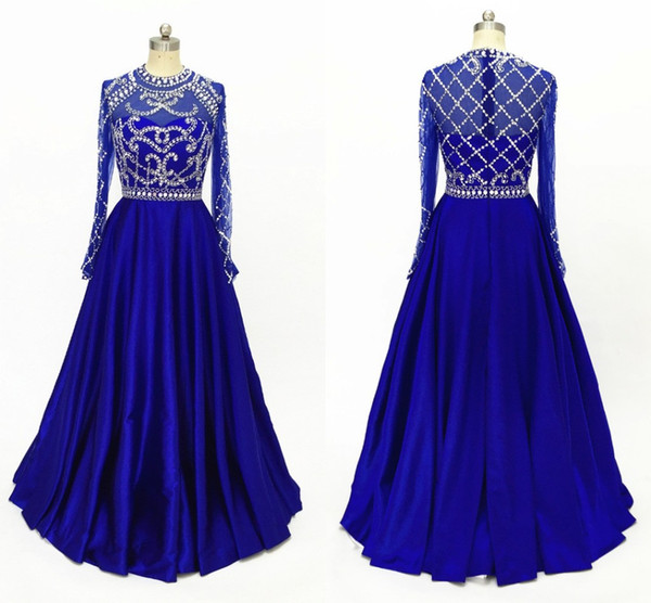 Stunning Royal Blue Long Sleeve Pageant Prom Dresses High Neck Illusion Crystal Beaded Sequin A line Satin Hollow Back Evening Gowns