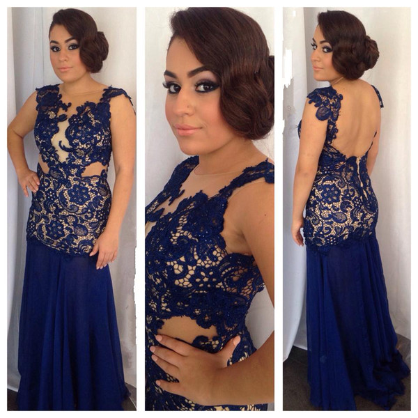 Fashion Royal Blue Lace Trumpet Pageant Prom Dresses Cap Short Sleeves Backless Chiffon Champagne Satin Inner Evening Formal Gown Dress
