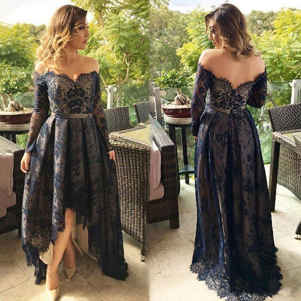 Navy Nude Asymmetrical Skirt Formal Party Dresses Lace Off Shoulder Long Sleeve Vintage Lace Women Pageant Dress Prom Dresses Long Cheap