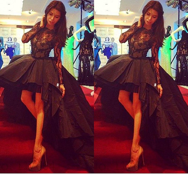 Hi Lo Ball Gown Pageant Dresses Black Lace Illusion Long Sleeve Sheer Neckline Tiered Prom Dress Evening Gowns Women Special Occasion