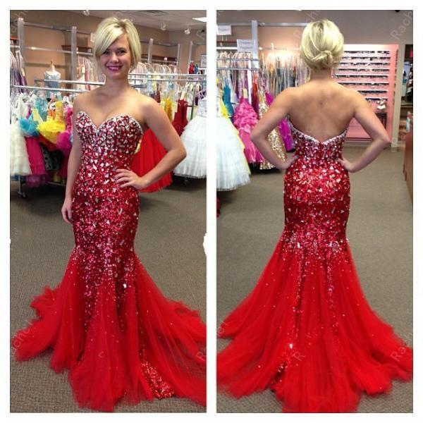 Luxury Red Mermaid Sequin Bling Pageant Prom Dresses Sweetheart Rhinestones Beaded Tulle Long Cheap Celebrity Evening Formal Gown Dress