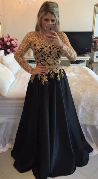 Vintage Black And Gold Lace Pageant Prom Dresses With Long Illusion Sleeves Pearls Beaded Sequin Celebrity Evening Formal Gown Dress
