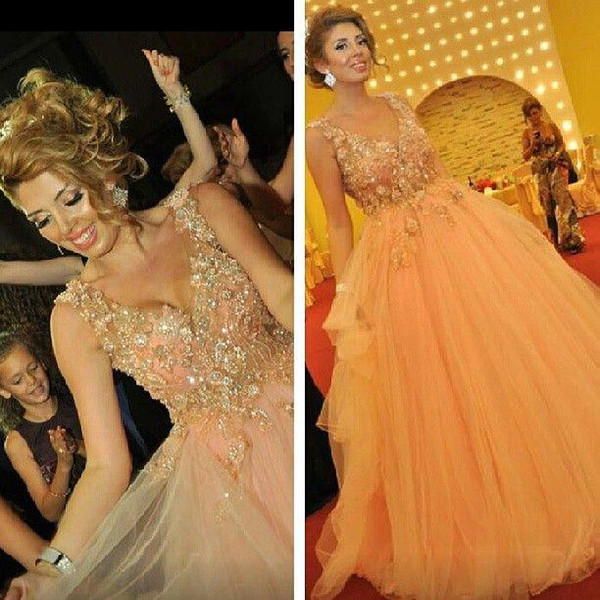 2015 Vestidos Formales V neck With Spaghetti Straps Applique Beads A Line Long Tulle Prom Dresses Ball Gowns Evening Dresses Formal