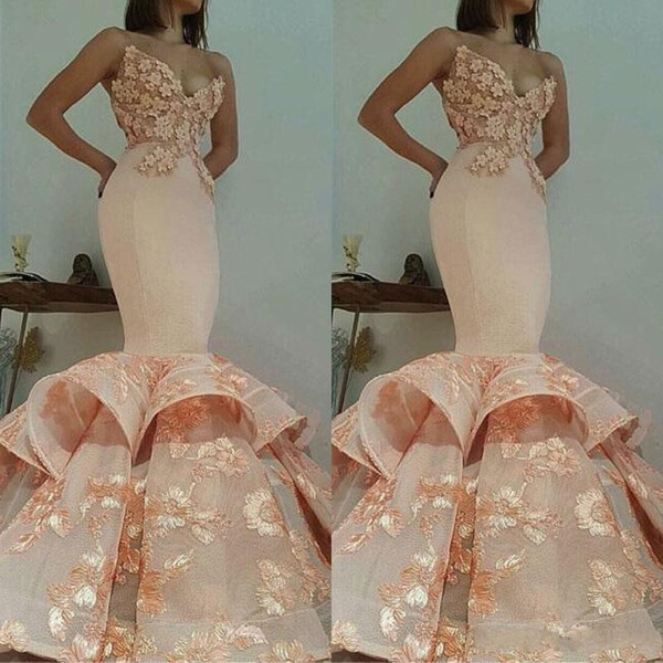 Stylish Mermaid Evening Dresses Off The Shoulder Sweetheart Lace Appliqued Tiered Skirts Custom Made Formal Pageant Prom Dresses