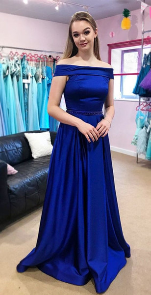 Vintage Royal Blue Off the shoulder Pageant Dresses Short Sleeves Bling Beaded Ribbon Empire waist Cheap Prom Dresses Evening party