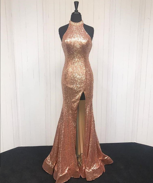 Real Photo Rose Gold Halter Pageant Prom Dresses Sequins High Split Backless Crystal Long Cheap Celebrity Evening Formal Gown Dress