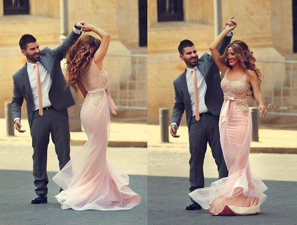 Custom Made Pearls Straps Pink Pageant Dresses With Open Back Stunning Sequined Celebrity Party Evening Party Dresses