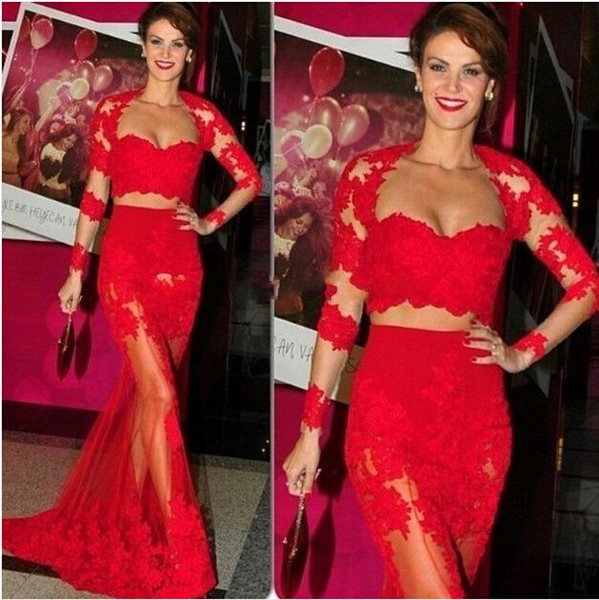 2016 Two Piece Prom Dresses Sweetheart Long Sleeve Sexy Lace Appliques Mermaid Evening Party Dress Women Special Occasion Party Dress Gowns