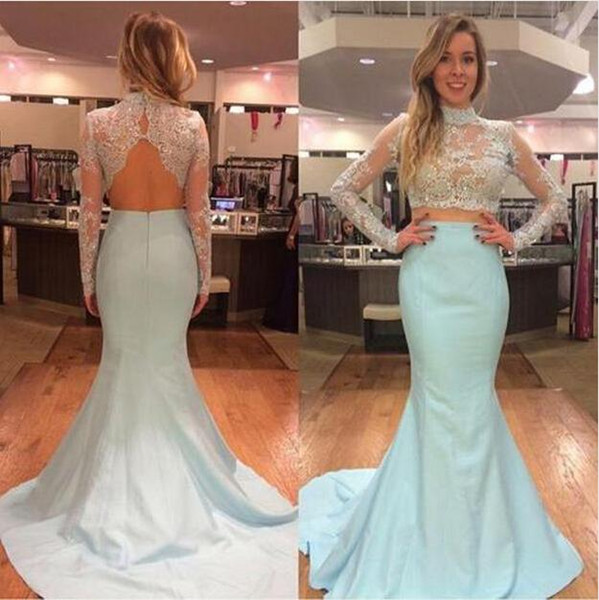2016 Sexy Mermaid Prom Dresses Model Pictures High Neck Sheer Long Sleeve Lace Appliques Beads Backless Formal Dress See Through Party Gowns