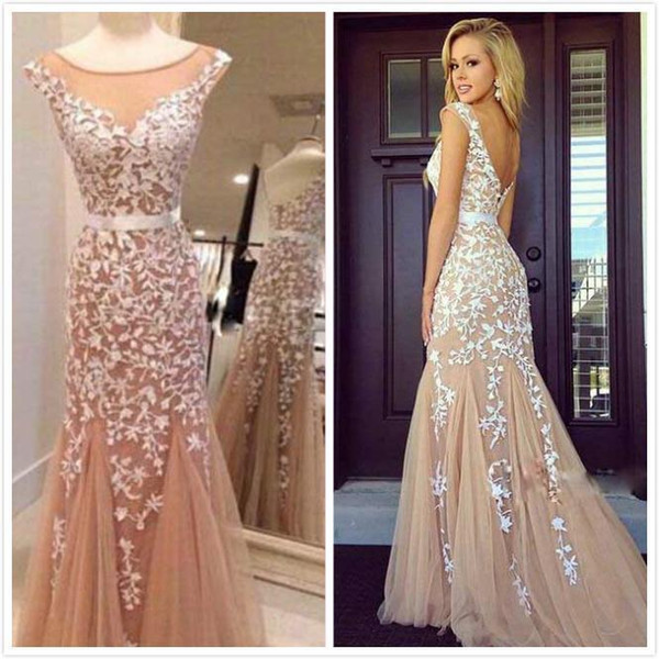 2016 Real Image Backless Prom Dresses Nude Tulle Lace Appliques Sheer Neck Custom Made Sexy Evening Party Pageant Dresse Cheap 