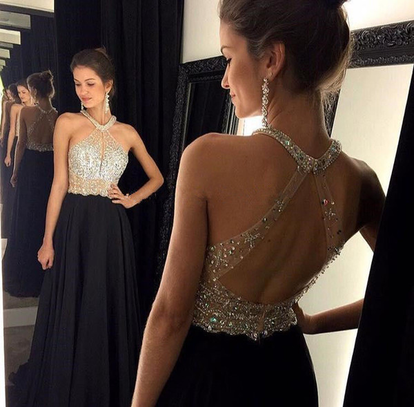 Sexy A-Line Black Prom Dress 2016 Long Halter Beaded Slim Backless vestidos de fiesta Formal Evening Gown Party Pageant Dresses
