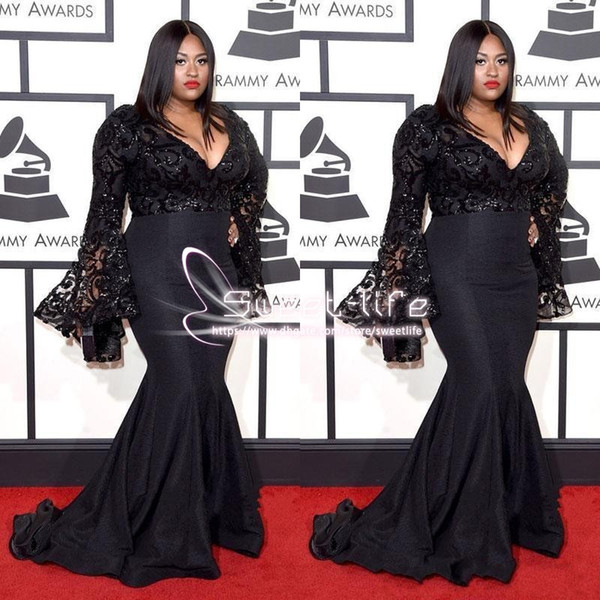 Black Plus Size Evening Dresses Newest Red Carpet Formal Dress Long Sleeeve Deep V-neck Floor Length Special Occasion pageant Prom Gown