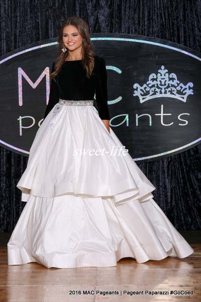 Miss USA Pageant Evening Gowns Ball Gown Black and White Beaded Puffy Satin Long Sleeves 2K17 Prom Dresses Custom Made Sweep Train