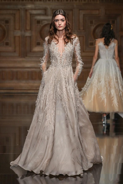 Gorgeous 2022Evening Dresses Luxury Feather Long Sleeve Beads Wear Sheer V Neck Crystal Sweep Train Custom Made pageant Party Prom Gowns