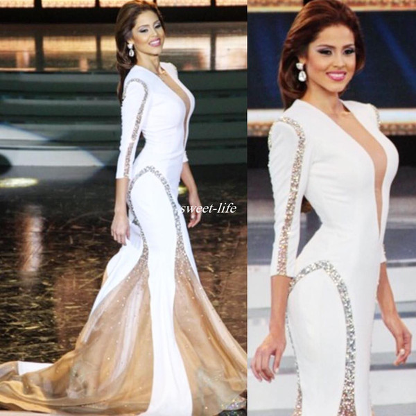 Miss World White Pageant Evening Gowns Sheer Deep V-Neck Beading Mermaid Sexy Long Sleeve Women Formal Wear Dress for Prom Party Cheap