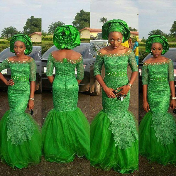 2016 New Green Aso Ebi Style Formal Evening Party Prom Dress Special Occasion Gowns Off Shoulder Illusion Half Long Sleeves Appliques Tulle