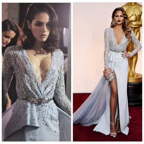 Stylish Zuhair Murad Mermaid Prom Dresses Long Sleeve V-Neckline Beaded Sequins High Split Detachable Train pageant Evening Gowns