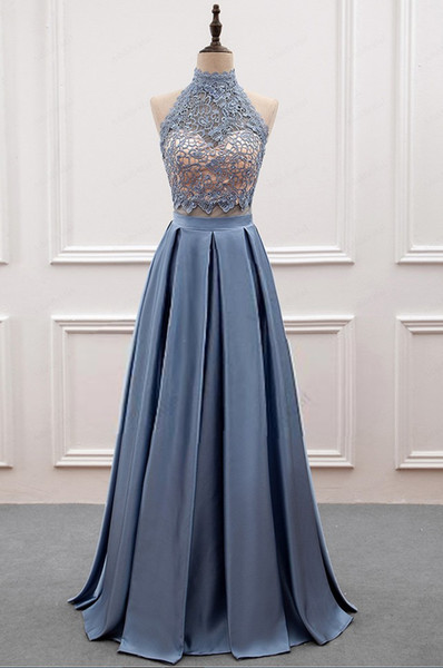 High Neck Lace Pageant Dresses Prom Formal Gowns Cheap A line Satin Ruched Floor length Guest Dresses Long Evening Wear