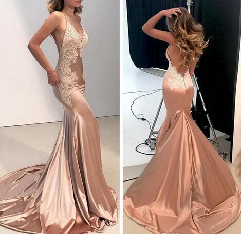 Rose Gold Fashion Pageant Dresses Cheap Backless Mermaid Elastic Satin Applique With Spaghetti Straps Deep V neck Prom Evening Dress