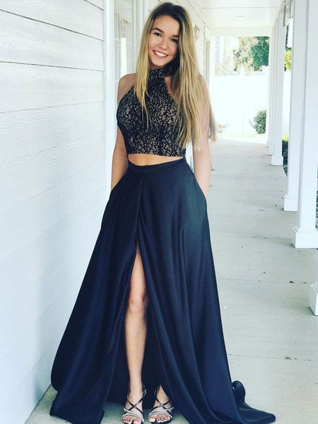 Beautiful Dark Navy Front Slit Pageant Prom Dresses A line Long Satin High Neck Two Pieces Lace Backless Ruched Dresses Evening Wear