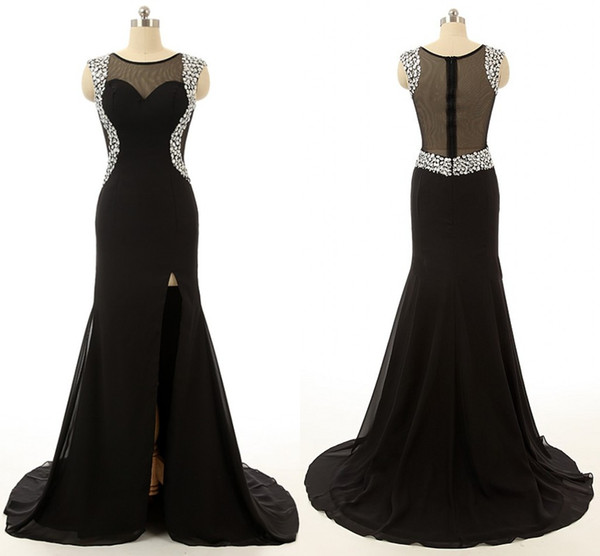 Sexy Black Sheer Neck Pageant Prom Dress Cheap Long Hollow Back Crystals Slit Chiffon Evening Formal Dress Gowns Sheath