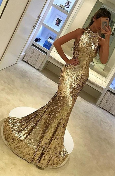 Sparkly Gold Sequin Dresses High Neck Mermaid Pageant Prom Dresses Sweep Train Crystal Long Cheap Plus size Evening Formal Gowns Dress