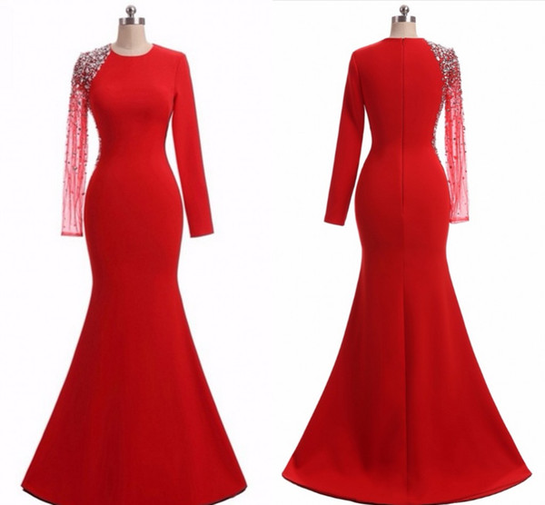 Sexy Red Mermaid Pageant Prom Dress Cheap Long Sleeves Zipper Back Illusion Floor Length Dresses Evening Wear Vestido Novia