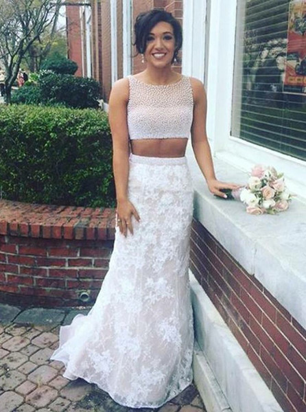 White Two Pieces Pageant Prom Dresses Jewel Pearls Beads Lace Mermaid Cheap Designer Evening Formal Gowns Long