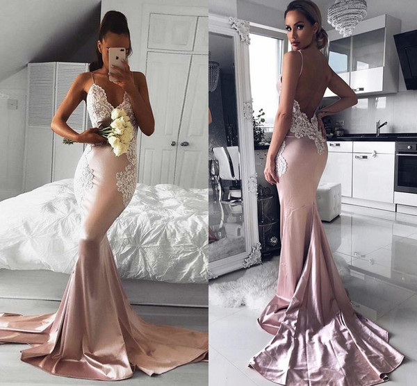 Blush Pink Mermaid Pageant Prom Dresses With Spaghetti Straps Open Back Lace Applique Satin Evening Formal Dress Gowns Cheap Long