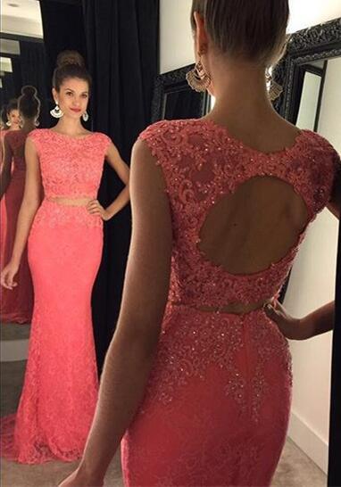Elegant Coral Two Pieces Pageant Dress Cheap Long Mermaid Bateau Sheer Neck Keyhole Back Applique Sequins Cap Short Sleeves Prom Dress
