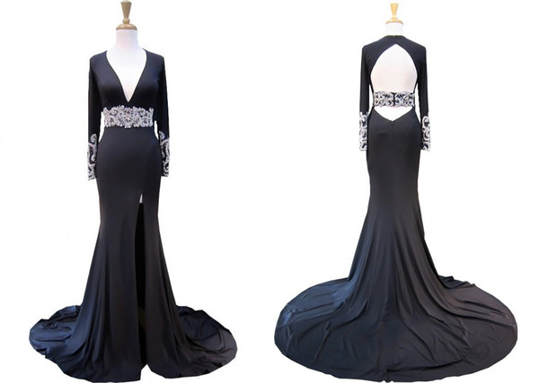 Vintage Long Sleeve Black Pageant Prom Dress Cheap Deep V neck Keyhole Back High Slits Satin Crystal Sweep Train Evening Formal Gown