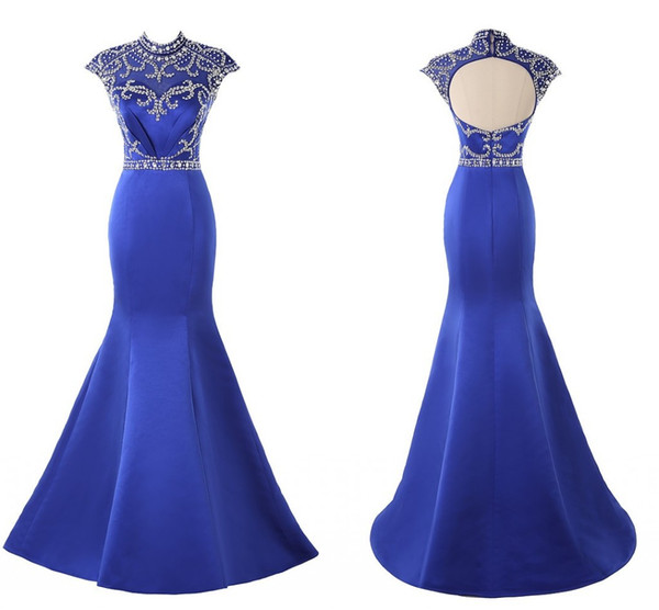 Royal Blue Mermaid High Neck Pageant Prom Dress Keyhole Back Sparkly Crystal Rhinestones Cheap Evening Prom Dress Gowns Sexy Cheap